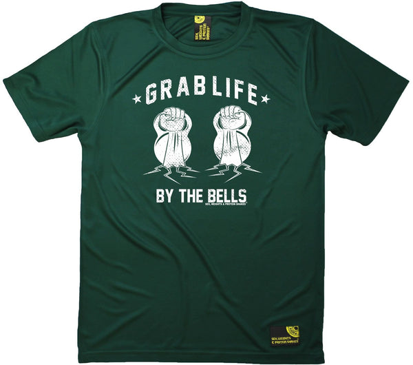 Men's Sex Weights and Protein Shakes - Grab Life By The Bells - Dry Fit Breathable Sports T-SHIRT