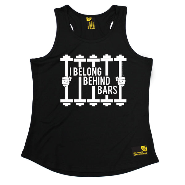 SWPS I Belong Behind Bars Sex Weights And Protein Shakes Gym Girlie Training Vest