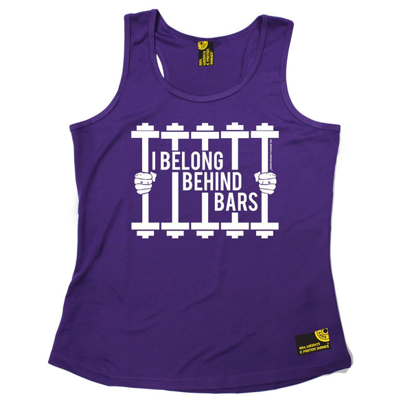 SWPS I Belong Behind Bars Sex Weights And Protein Shakes Gym Girlie Training Vest
